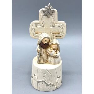 Holy Family Nativity Figurine with Cross and Star Christmas Decor Cream Silver